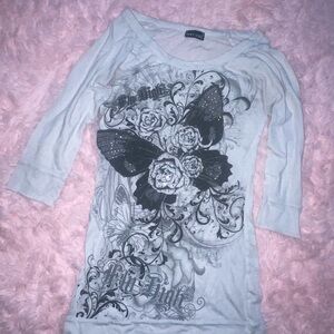 Y2K  white and black  sheer butterfly graphic long sleeve top with gem sequins